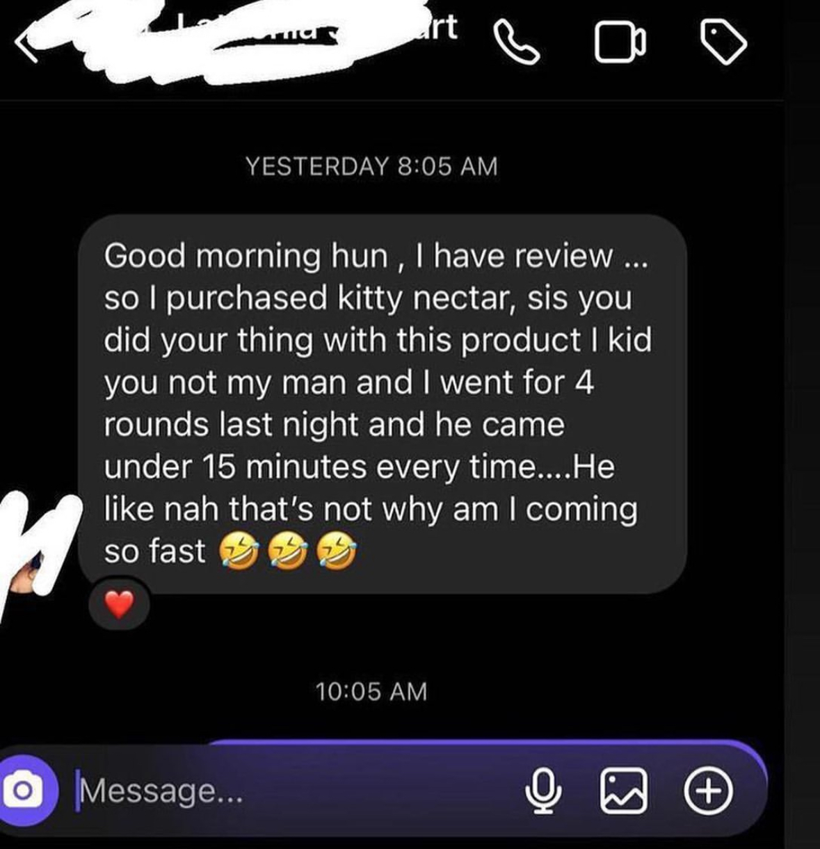 Customer DM: 4 rounds last night after buying Kitty Nectar